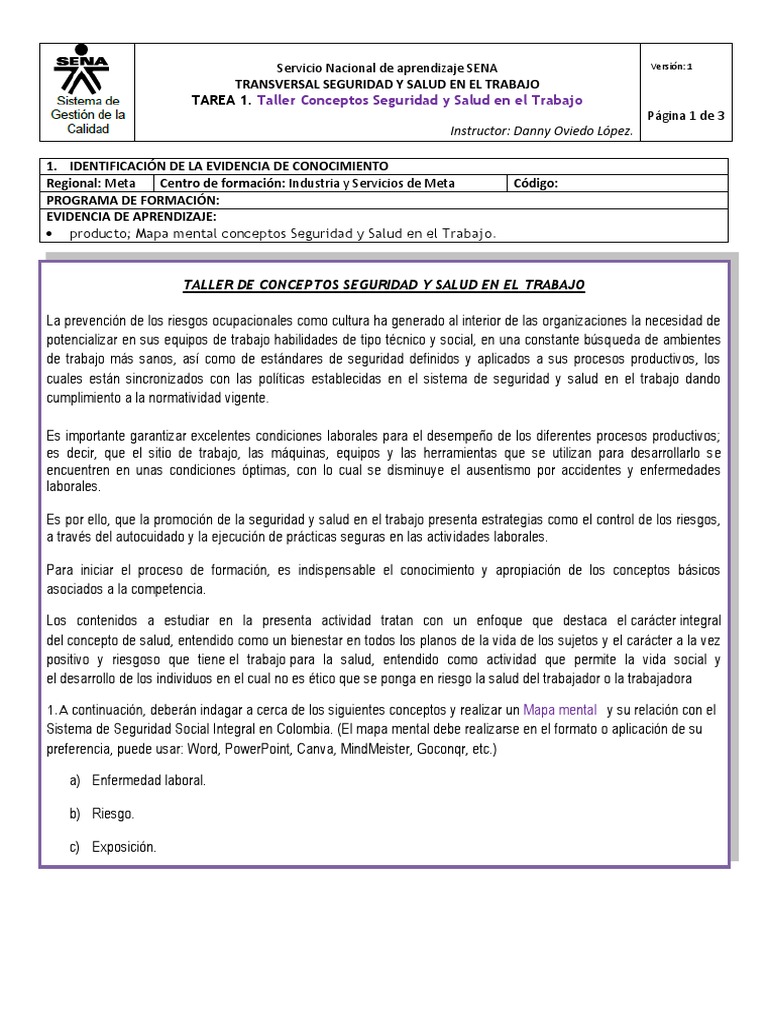 Taller Conceptos Seguridad Y Salud En El Trabajo Pdf