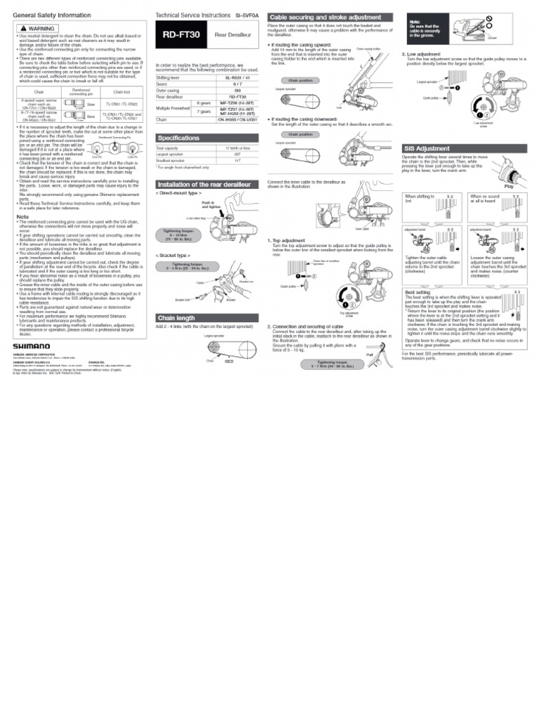 Shimano RDFT30 Rear Derailleur Service Instructions Manualzz PDF