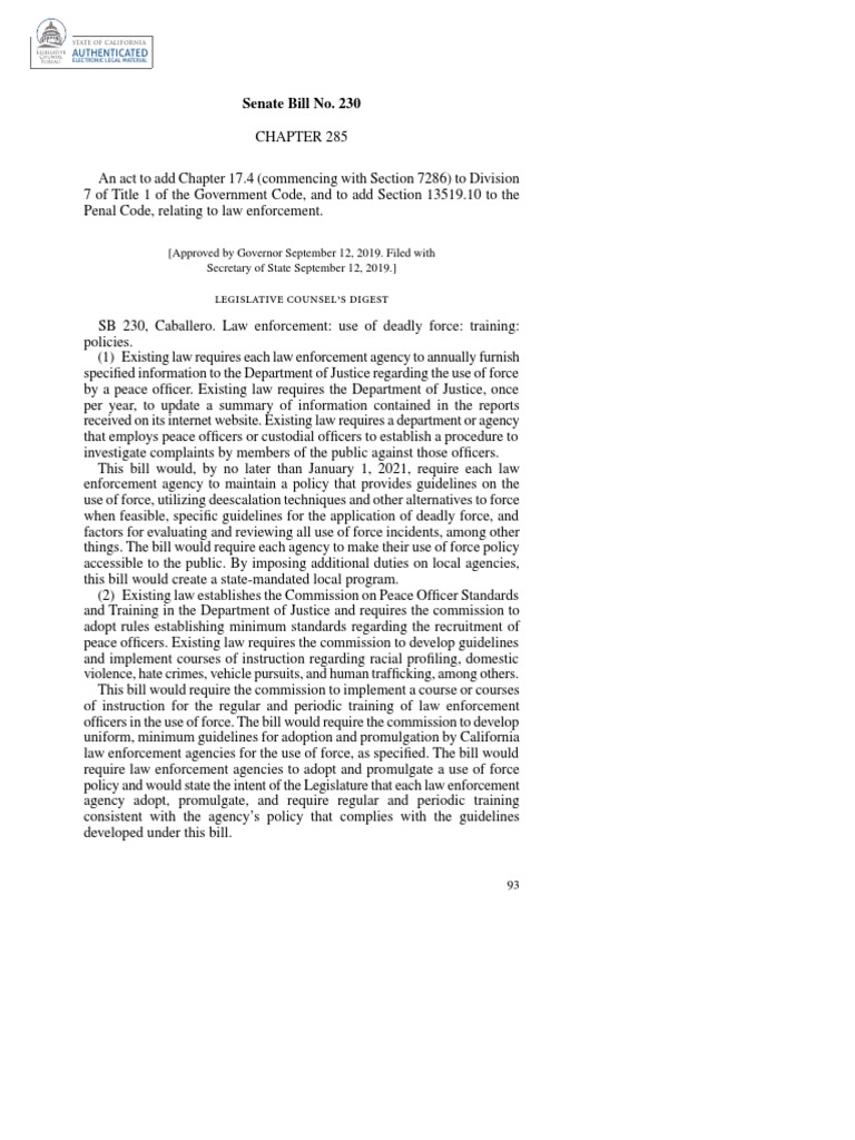 Senate Bill No. 230 PDF Police Use Of Force