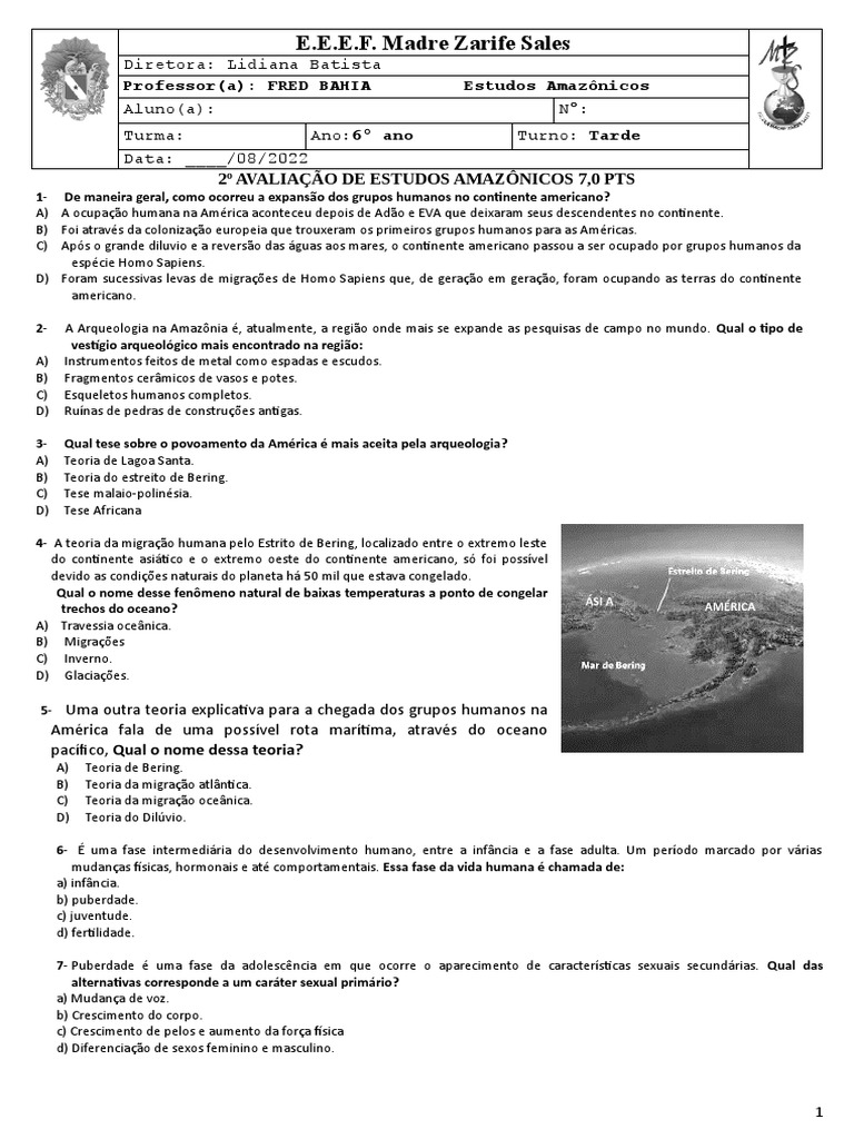 Avaliação de Estudos Amazônicos 6º Ano | PDF | Humano | Américas