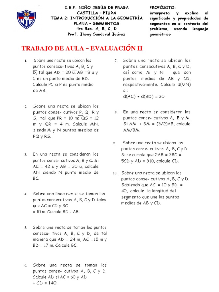 Problemas de Segmentos para Cuarto Grado de Secundaria | PDF ...