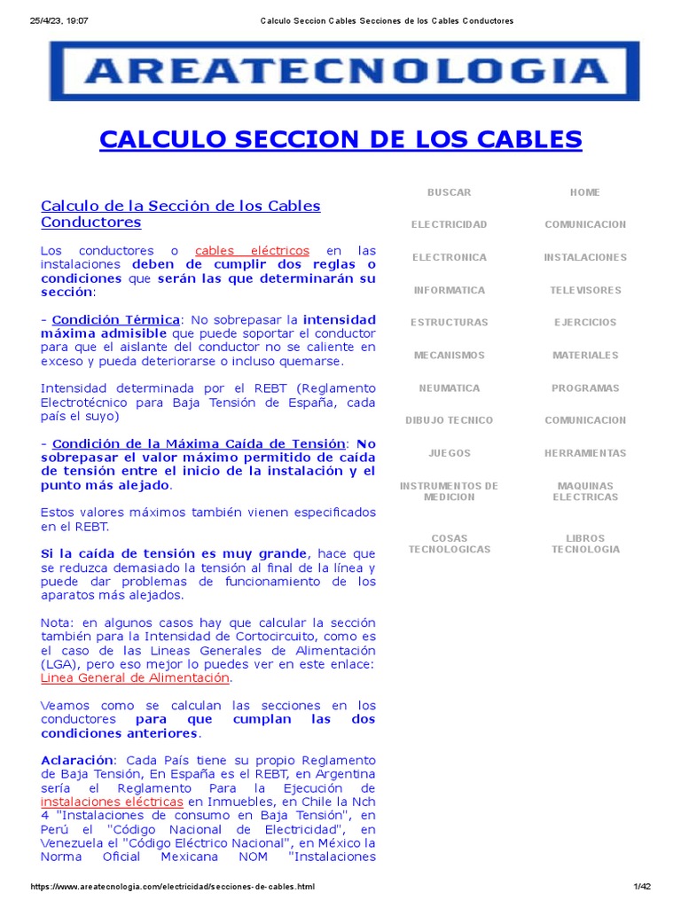 Calculo Seccion Cables Secciones de Los Cables Conductores PDF Corriente eléctrica
