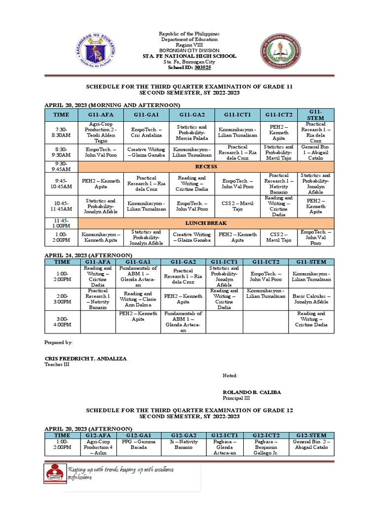 Schedule For The 3rd Quarter Examination PDF Science