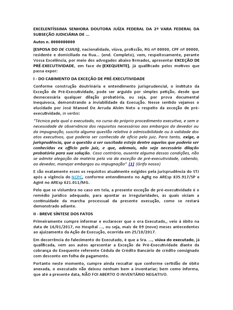 Exceção de Pré-Executividade em Ação Judicial | PDF | Sentença ...