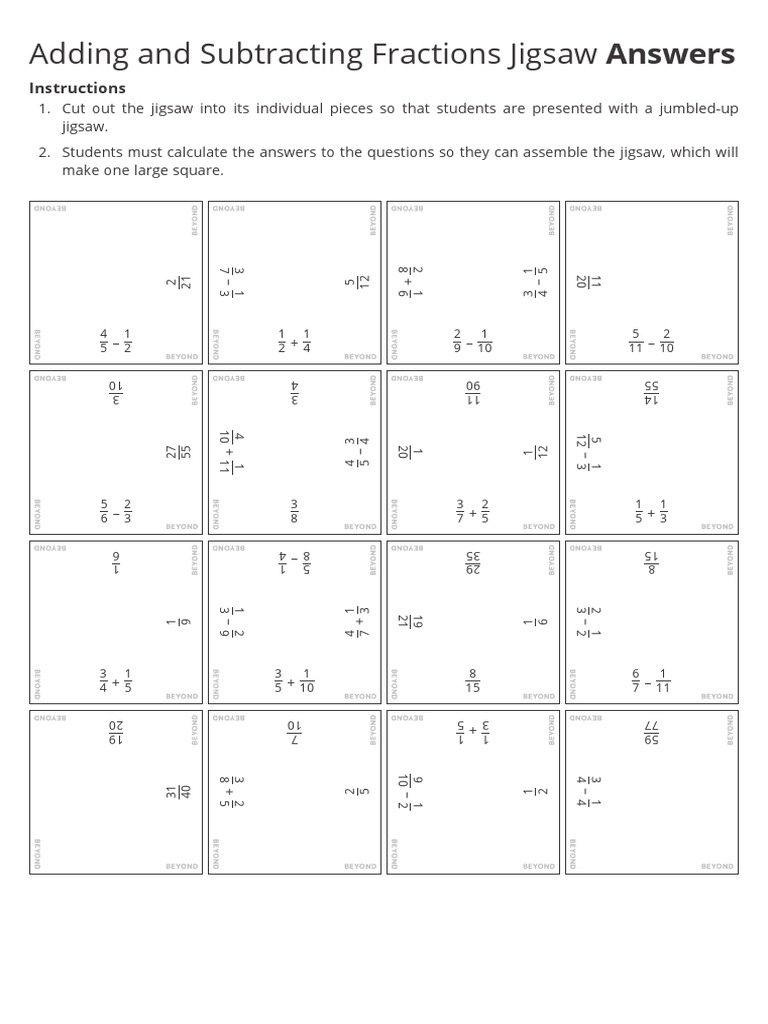 Adding and Subtracting Fractions Jigsaw Answers PDF Mathematics