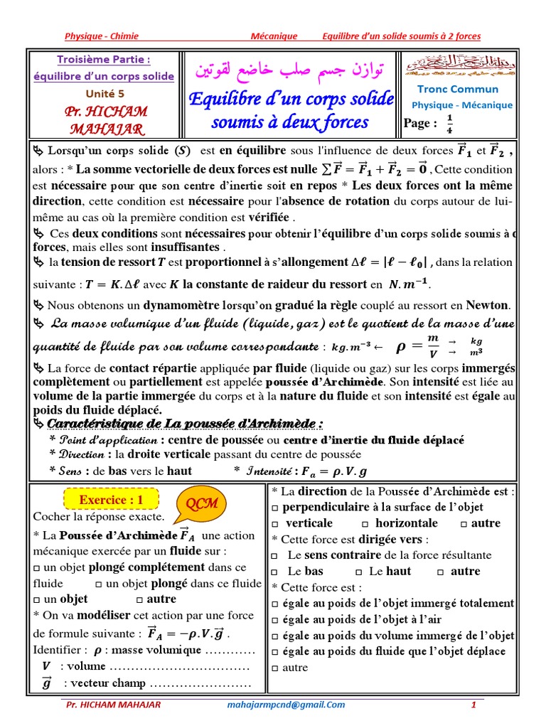 Equilibre D'un Corps Solide Soumis À Deux Forces: Pr. Hicham Mahajar | PDF