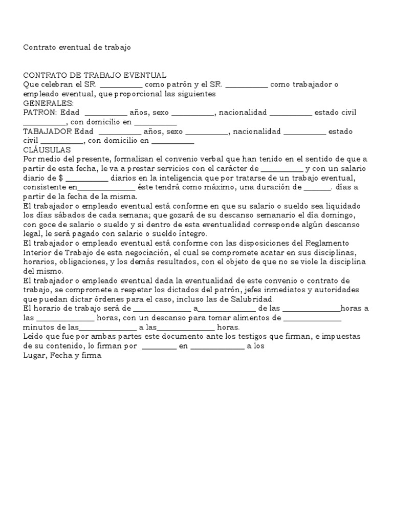 Modelo De Contrato Eventual De Trabajo Vrogue Comodelo De Contrato De ...