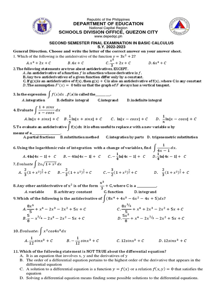 Basic Calculus Final Exam S.Y. 2022-2023 | PDF | Integral ...