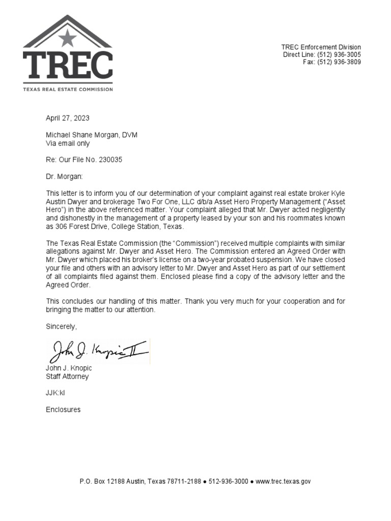 Texas real estate commission letter 04 27 2023 pdf