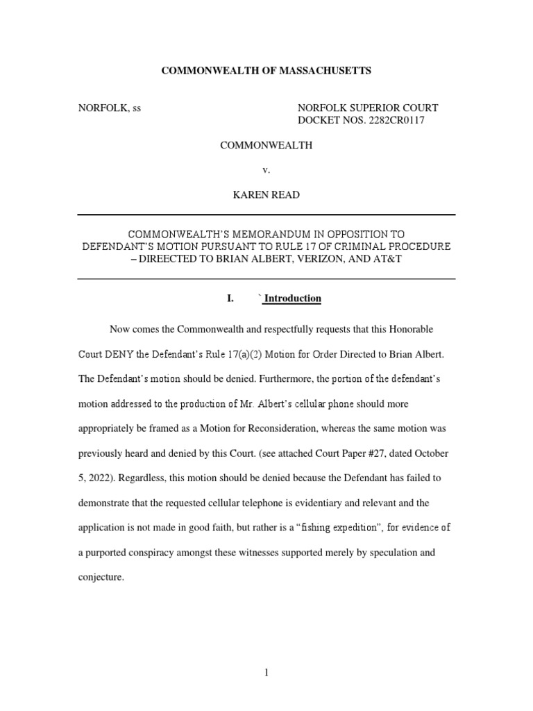Commonwealth vs. Read Opposition | PDF | Affidavit | Evidence (Law)