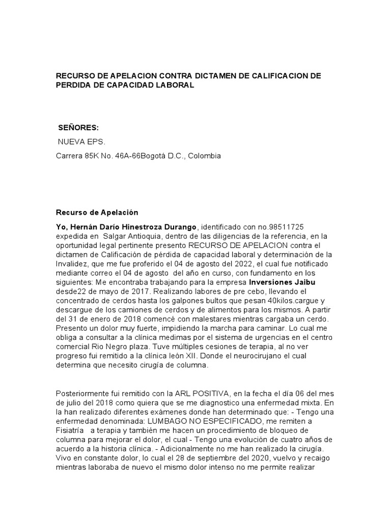 Recurso de apelaci n contra dictamen de calificaci n de p rdida de