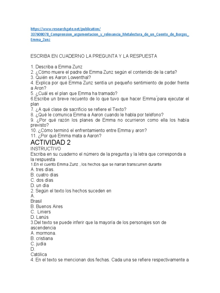 Cuestionario Emma Zunz Descargar gratis PDF Verdad Cuentos