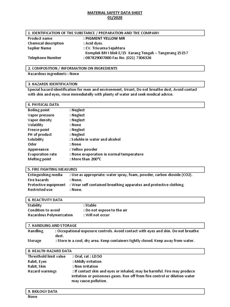 Pigment Yellow MR Safety Data Sheet | PDF | Chemistry | Materials