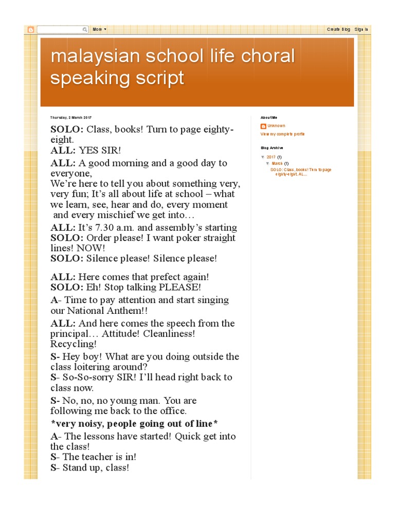 Malaysian School Life Choral Speaking Script PDF