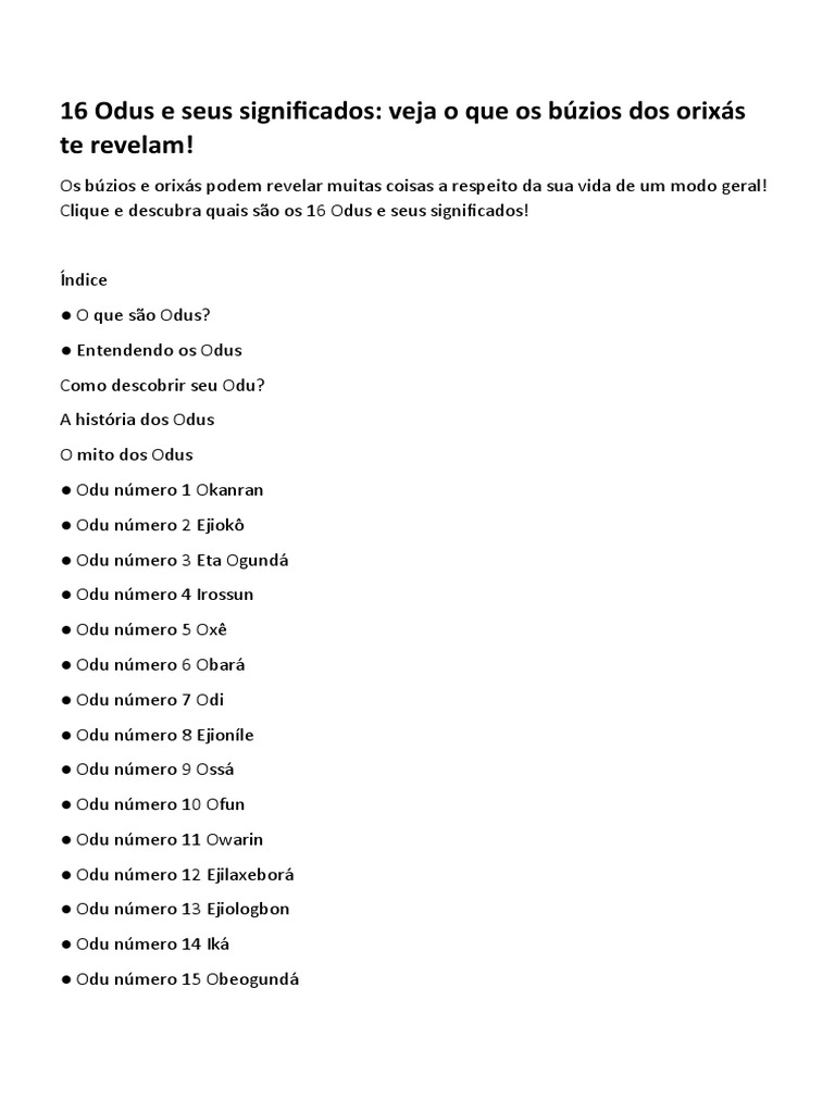 16 Odus e seus significados PDF Amor Sabedoria