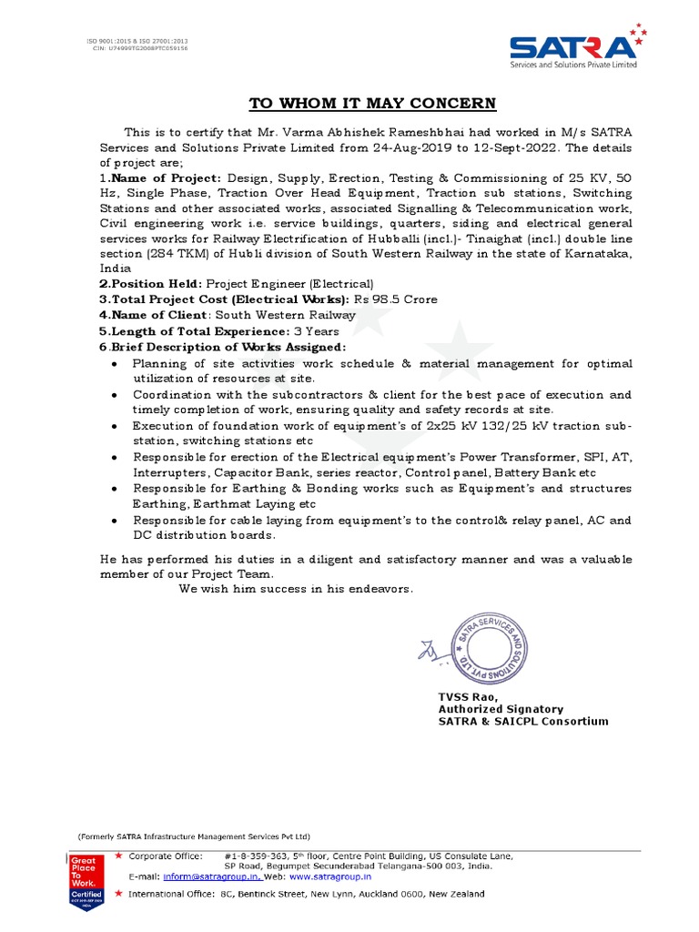 SATRA Experience Certificate | PDF