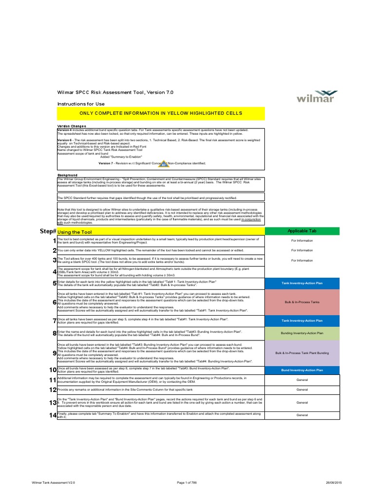 Wilmar SPCC Risk Assessment Tool A Guide for Conducting Risk Assessments of Storage Tanks and