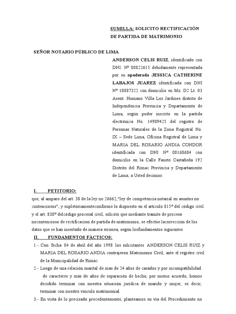 Solicitud de Rectificación Matrimonial | PDF | Divorcio | Propiedad de ...