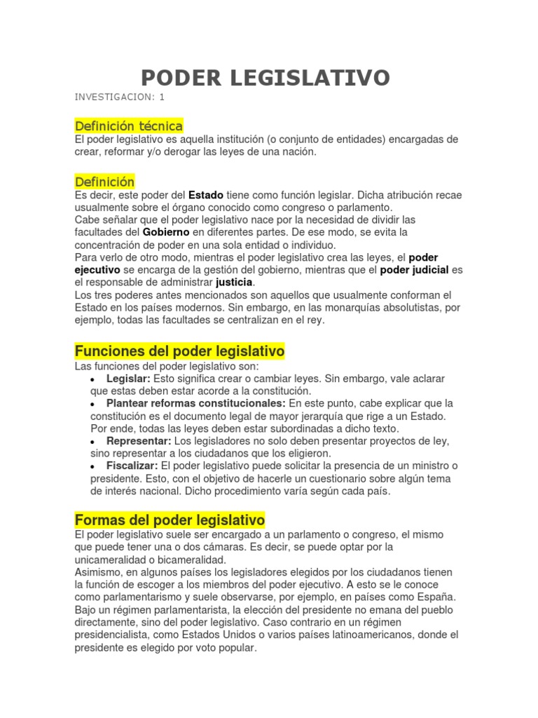 Definición y Funciones del Poder Legislativo | PDF | Legislatura ...