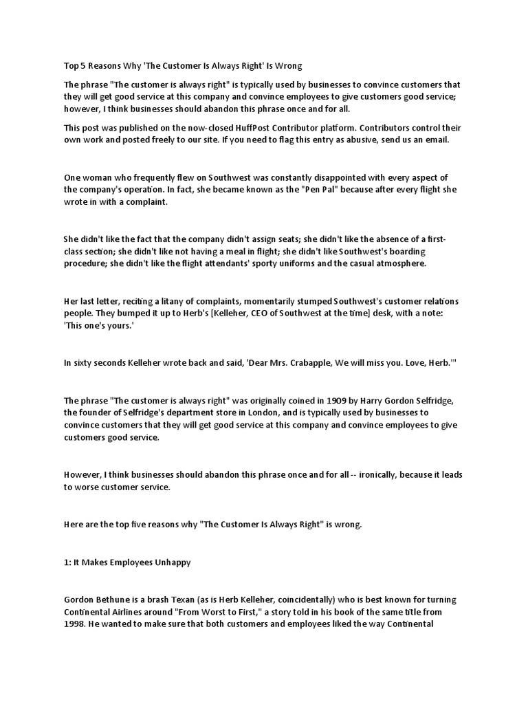 Top 5 Reasons Why 'The Customer Is Always Right' Is Wrong PDF