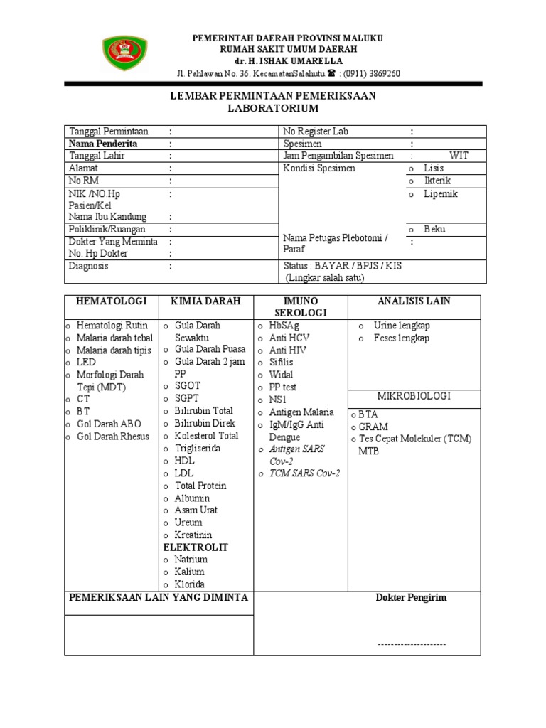 Lembar Permintaan Pemeriksaan Laboratorium | PDF