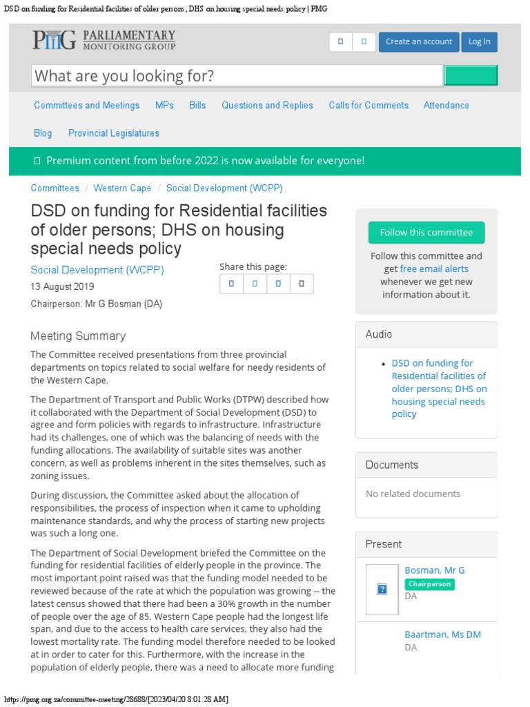 DSD On Funding For Residential Facilities of Older Persons DHS On