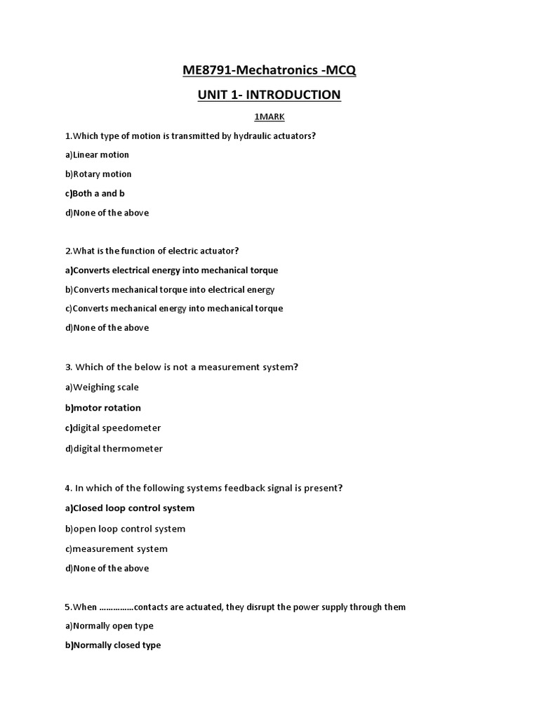 ME 8791 MCQs Mechatronics PDF Programmable Logic Controller Relay