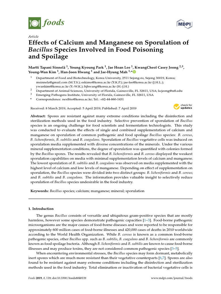 Foods Effects of Calcium and Manganese On Sporulation of Bacillus