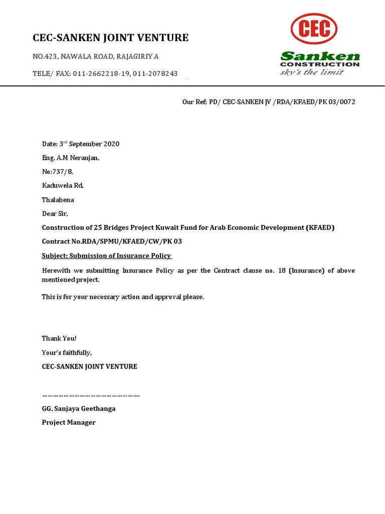 Submission of Insurance Policy for Bridge Project | PDF