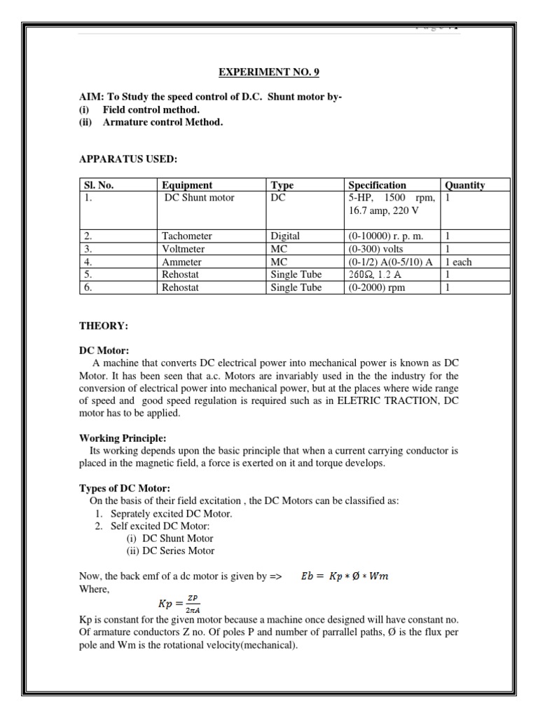 Speed Control of DC Shunt Motor Experiment | PDF | Electric Motor ...