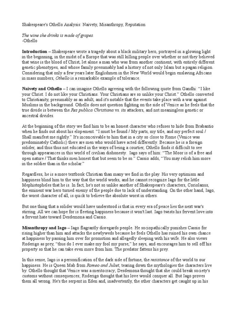 Shakespeare's Othello Analysis: Naievty, Misanthropy, Reputation | PDF ...