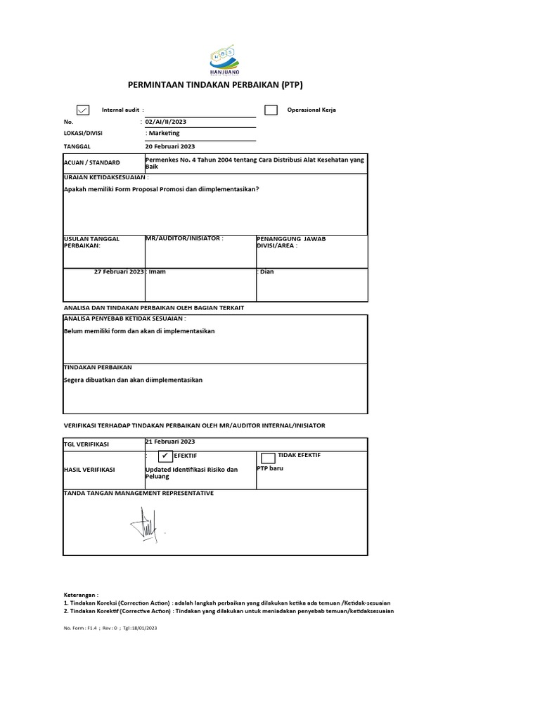 Tindakan Perbaikan PTP Marketing | PDF