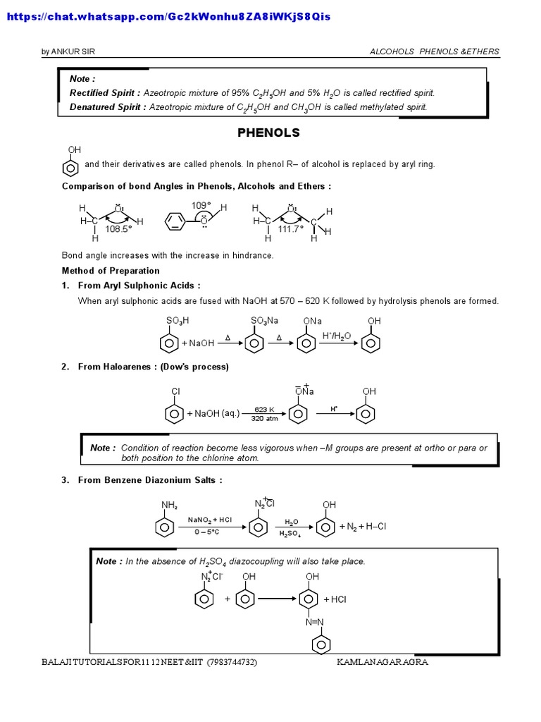 Phenols and Ethers Notes PDF Ether Chlorine