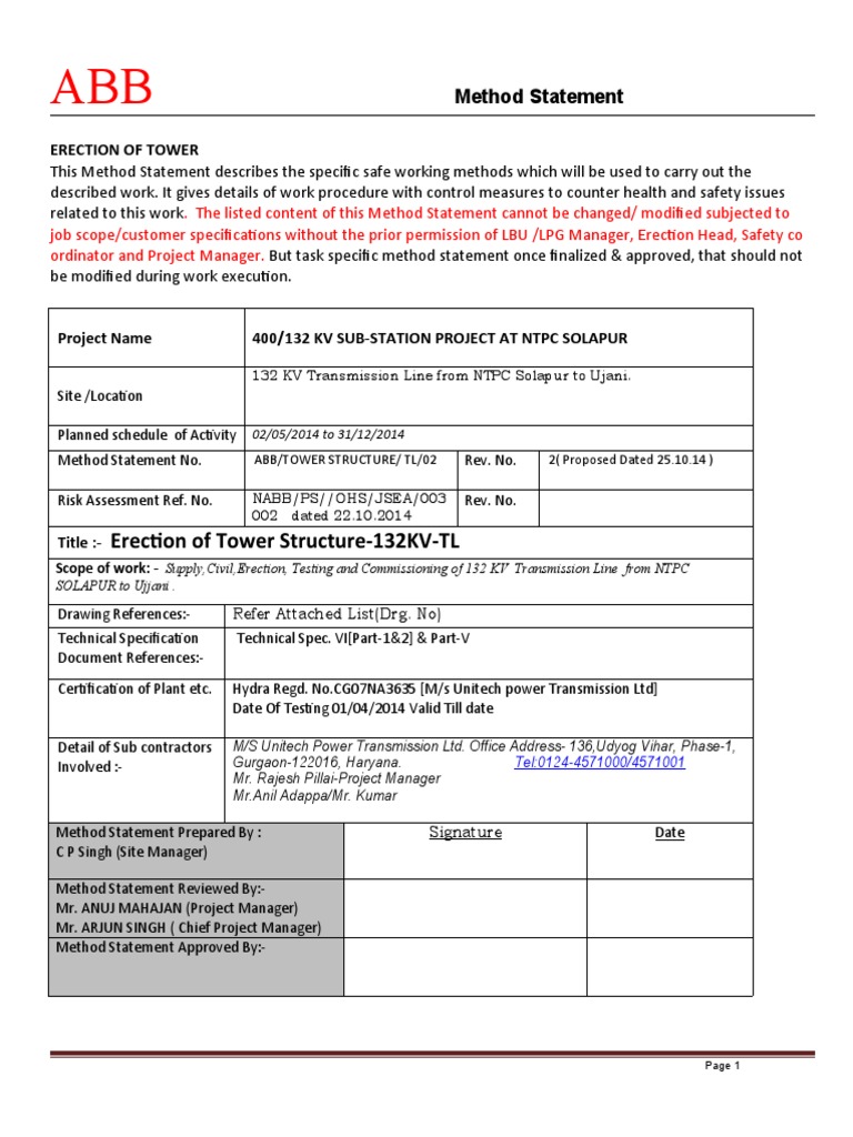 Erection of Tower Structure-132KV-TL: Method Statement | PDF | Crane ...