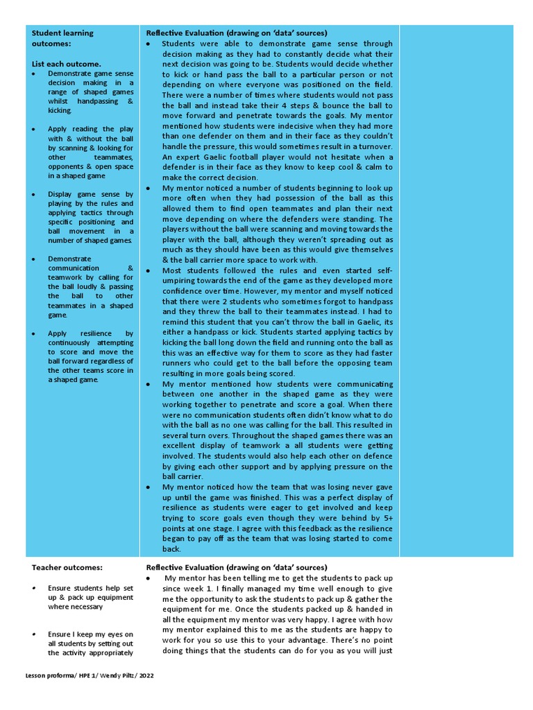 Gaelic Football Mini Unit Lesson Plan 3 | PDF | Teachers | Learning