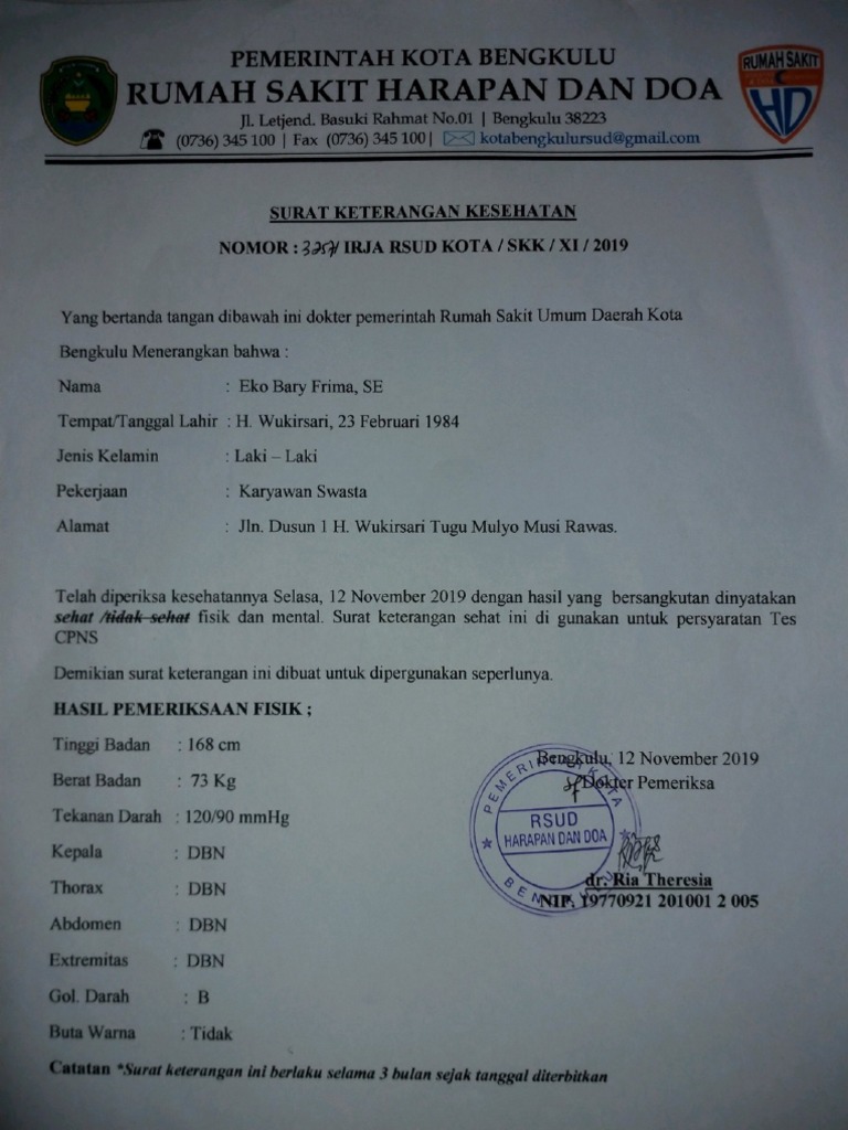 Surat Keterangan Kesehatan Lamaran Kerja | PDF