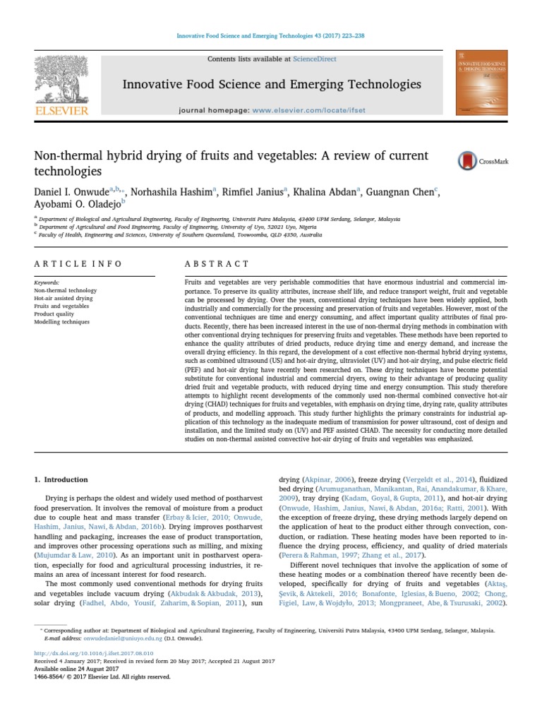 Non Thermal Hybrid Drying of Fruits and Vegetables | PDF | Ultrasound ...