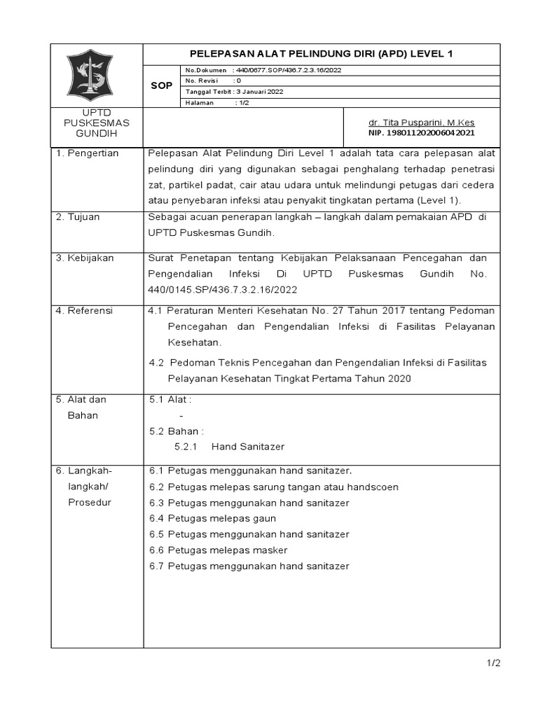 Pelepasan Alat Pelindung Diri (Apd) Level 1 SOP: Dr. Tita Pusparini, M ...