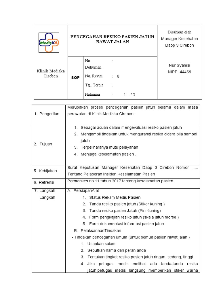 Sop Pencegahan Resiko Pasien Jatuh Rawat Jalan Pdf
