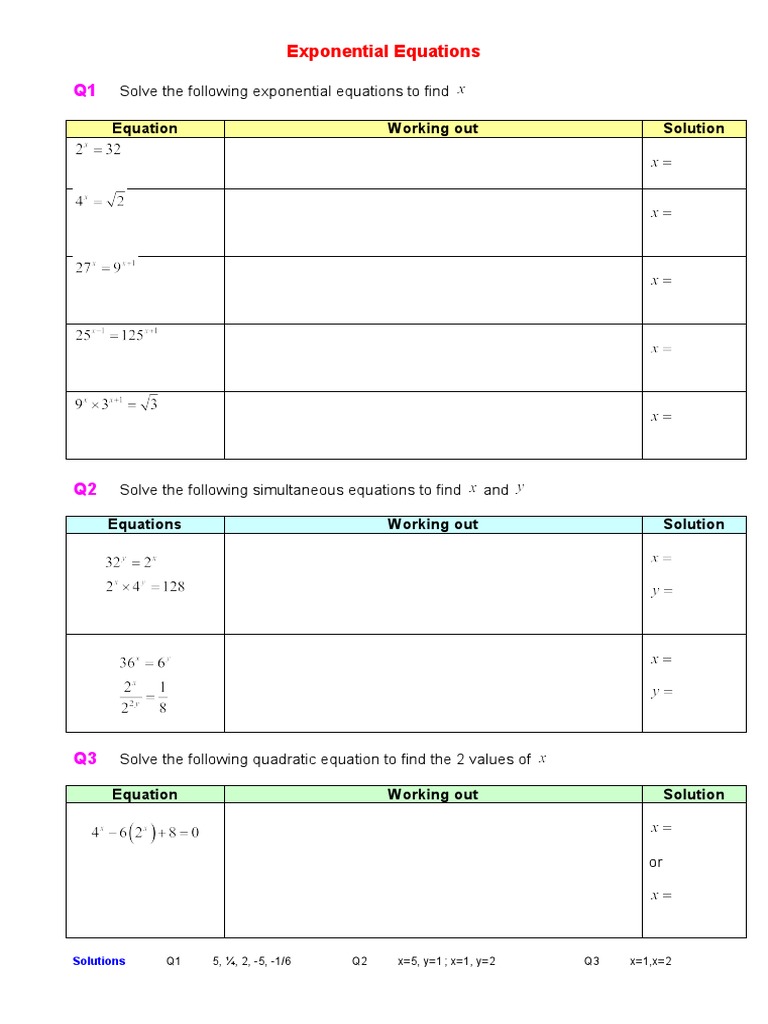 Exponential Equations Worksheet Including Solutions | PDF