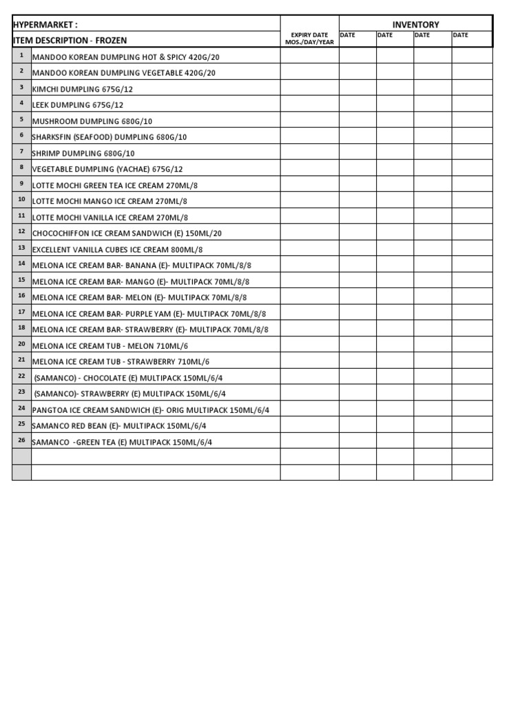 Inventory list of frozen food items including dumplings and ice cream