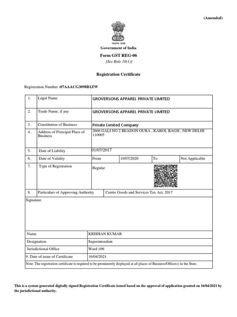 GST Registration Certificate for Groversons | PDF | Business | Taxes