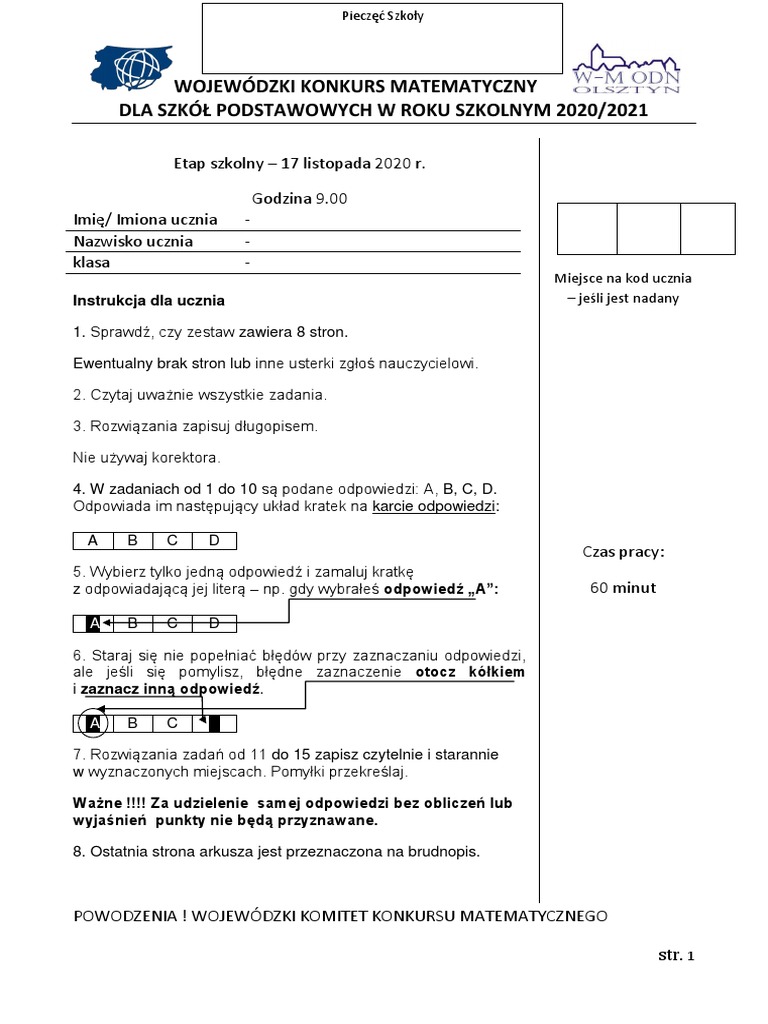Wojewódzki Konkurs Matematyczny Dla Szkół Podstawowych Zadania Wojewódzki Konkurs Matematyczny Dla Szkół Podstawowych W Roku Szkolnym