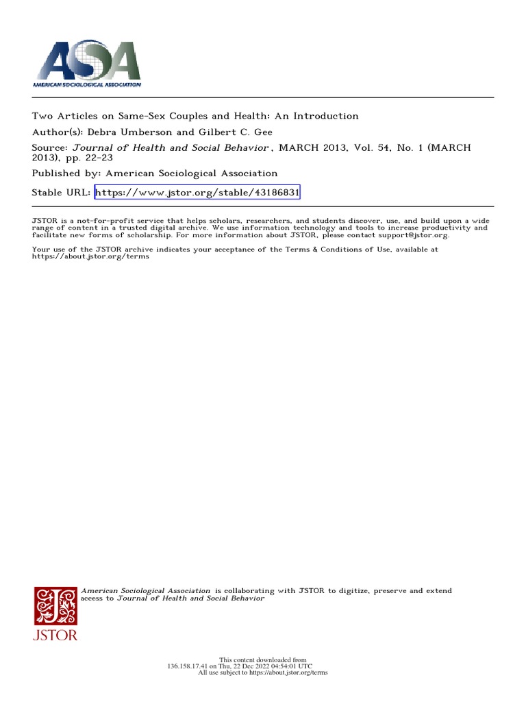 Two Articles On Same Sex Couples and Health An Introduction PDF Socioeconomic Status Marriage