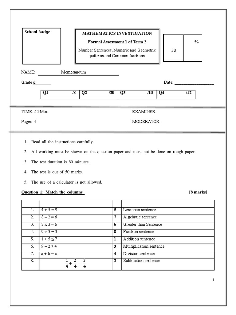 Grade 6 Term 2 Math Investigation Memo | PDF | Numbers | Arithmetic