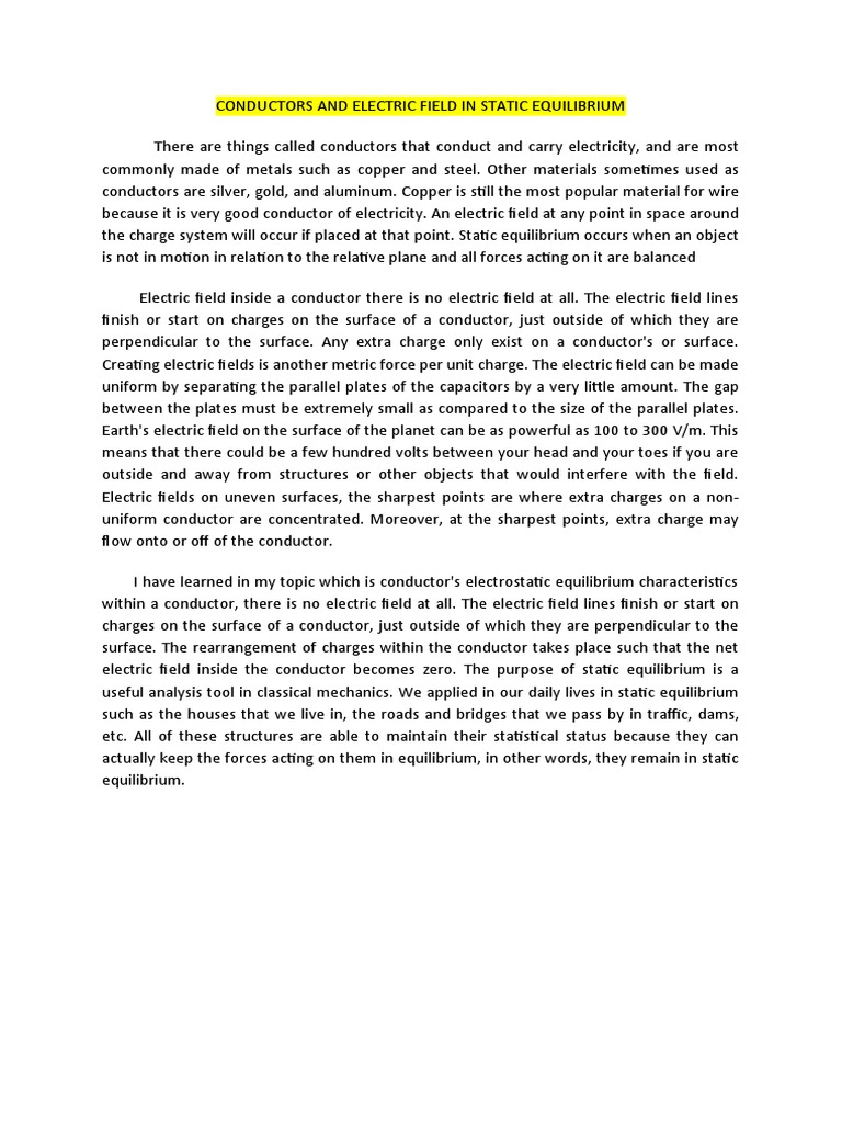 Conductors and Electric Field in Static Equilibrium | PDF | Electrical ...