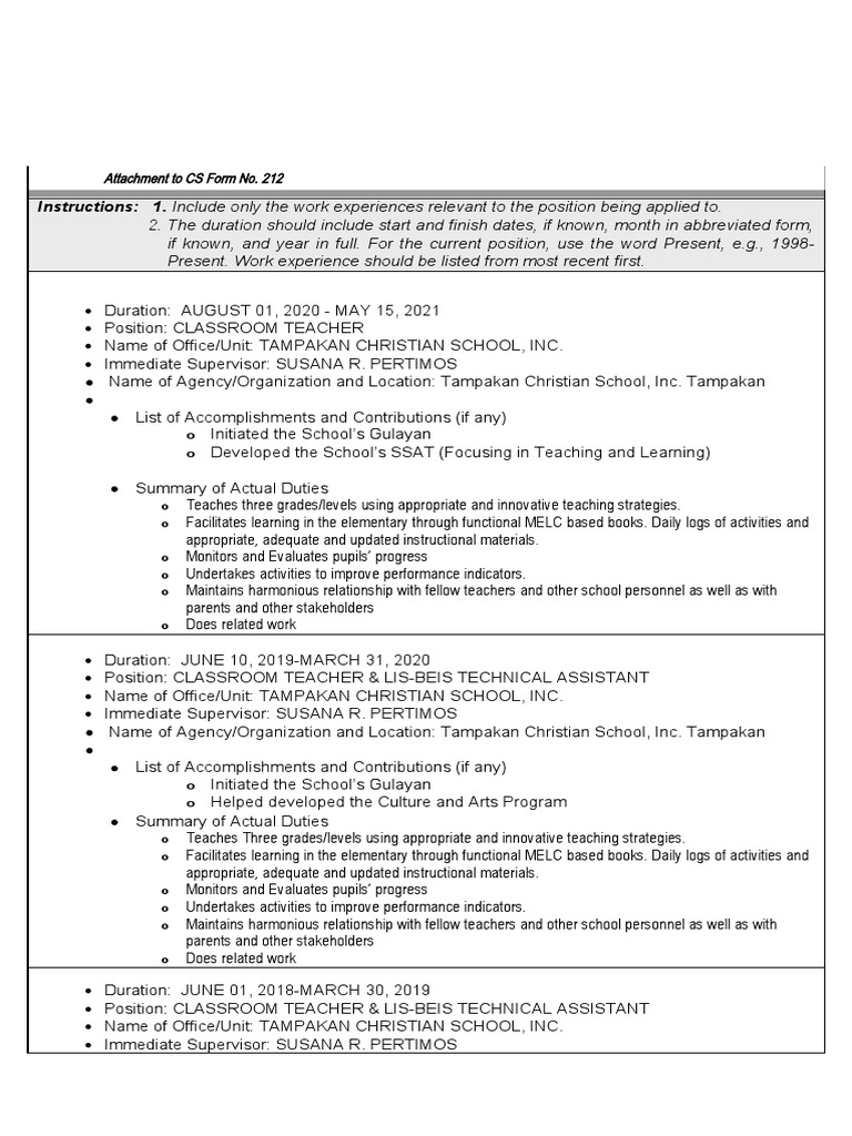 Work experience sheet pdf teachers change