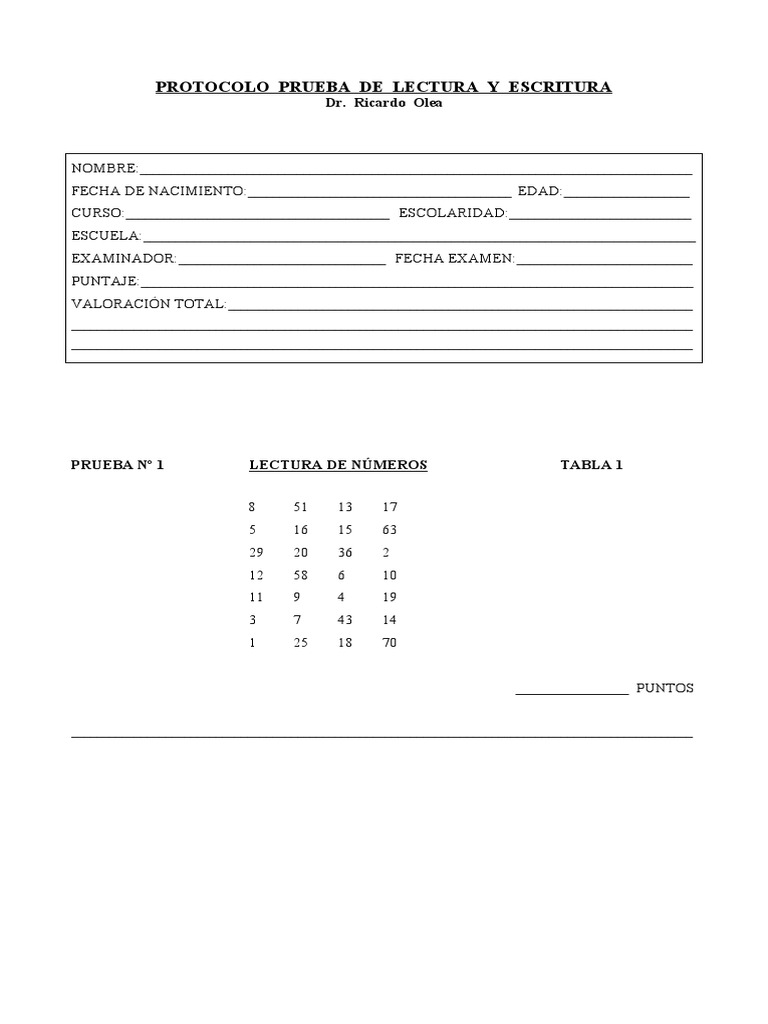 10E. Protocolo Prueba de Lectura y Escritura | PDF