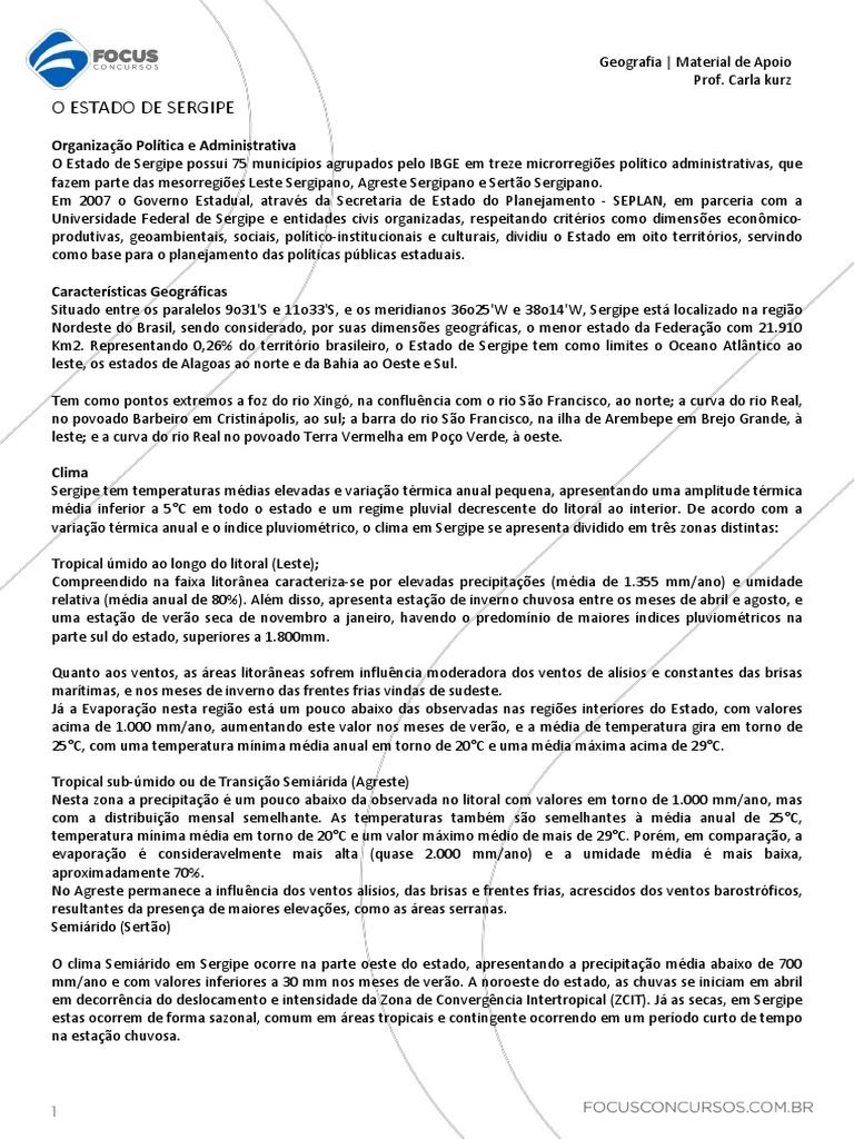 CONHECIMENTOS GERAIS DO ESTADO DE SERGIPE II - Aula 01 - Conhecimentos ...