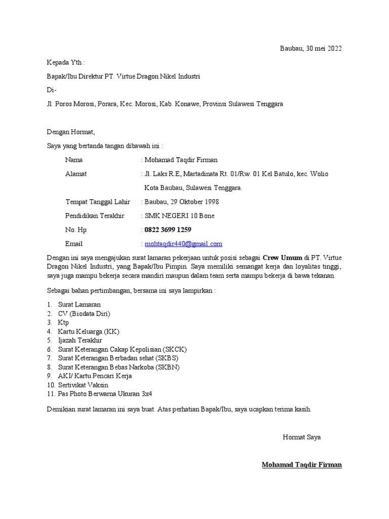 Surat Lamaran Kerja | PDF